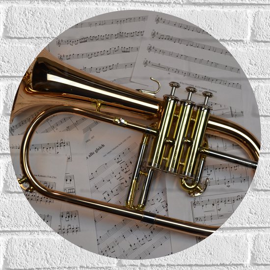 Muursticker Cirkel - Gouden Trompet op Muzieknoten Bladeren - 50x50 cm Foto op Muursticker