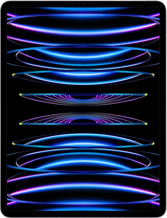 Zilverkleurige iPad Pro met een scherm vol abstracte, blauw-paarse gloeiende cirkels.