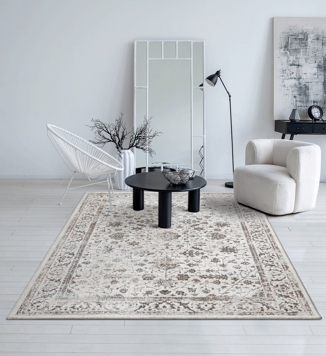 the carpet Mila – Klassiek glanzend vloerkleed met bloemenpatroon, geschikt voor woonkamer en eetkamer, crème beige met klassieke bloemen, 80 x 300 cm