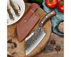 Bbq Vleesmes Van Hoogwaardig Carbon Staal - Handgesmeden Japans Vleesmes - Outdoor Cooking - Keukenmes - Lederen Hoes - Vis Fileermes - Slagersmes - Koksmes