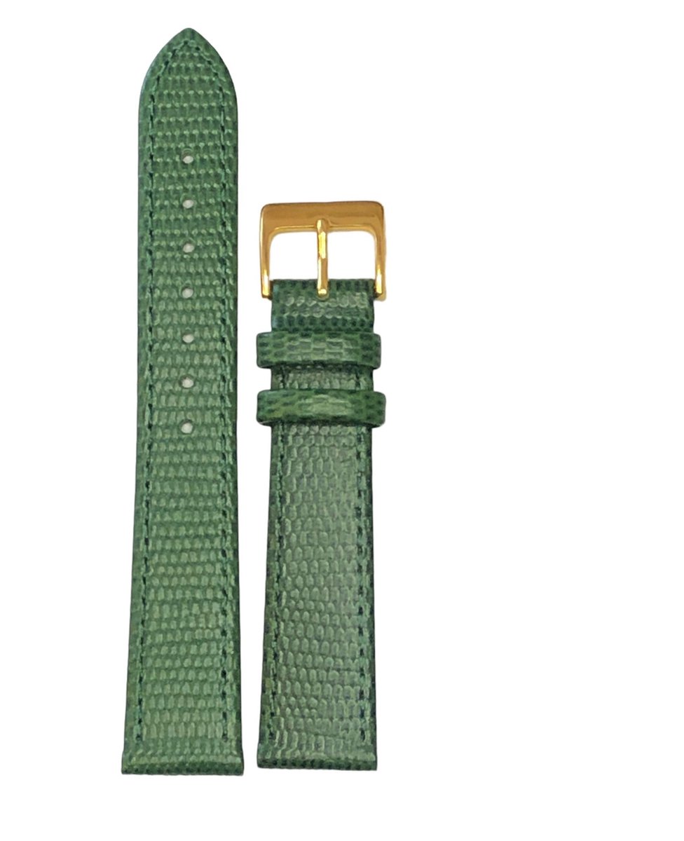 Horlogeband-horlogebandje-20mm-groen -croco-lizard print-echt leer-plat-goudkleurige gesp-leer-20 mm