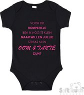 Soft Touch Barboteuse "Je suis encore trop petite pour cette barboteuse, mais voulez-vous être mon oncle et ma tante ?" Katoen Filles Zwart/ rose Taille 56/62