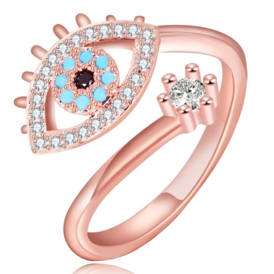 Evil Eye dames Ring Edelstaal Rose kleurig Verstelbaar met Zirkonia