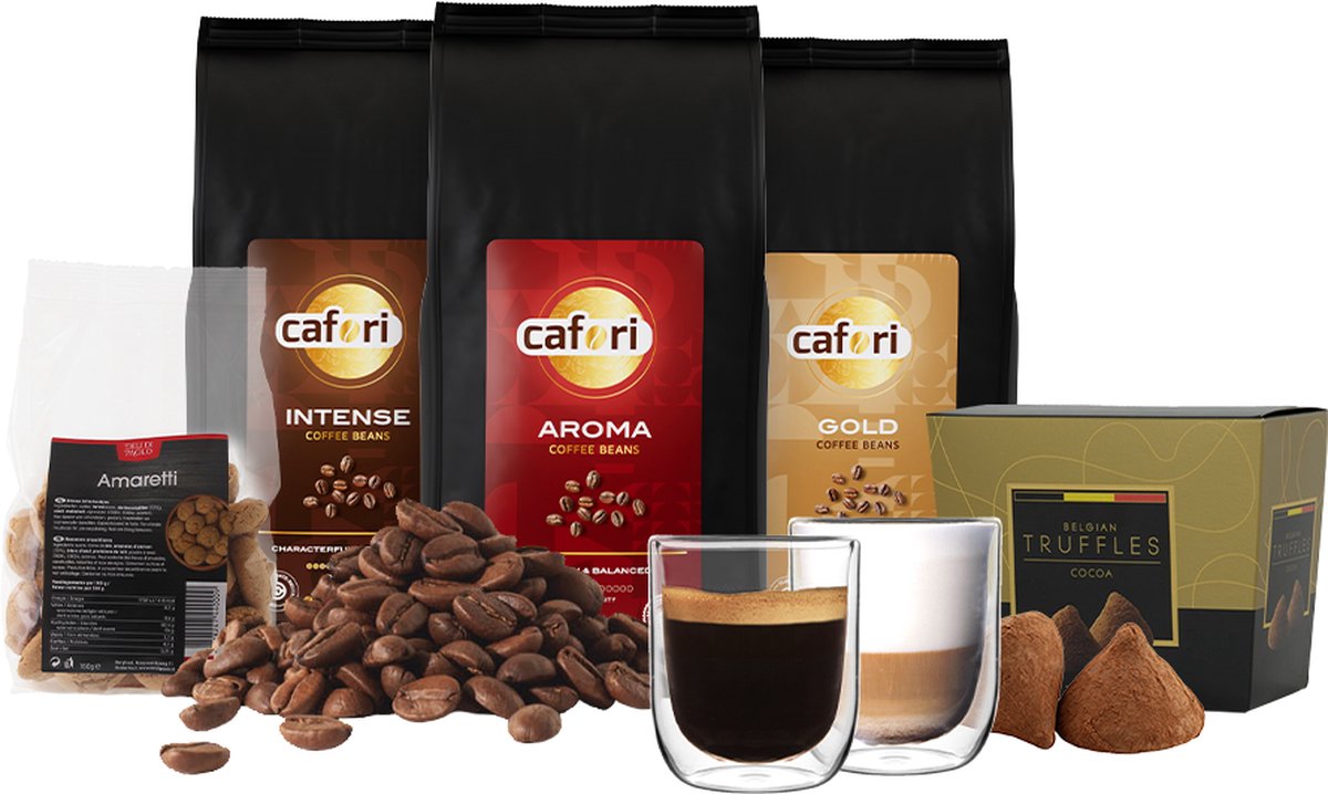 Cafori – Cadeaupakket - Koffiebonen – 3 soorten Koffie, Chocolade, Koekjes en Glazen