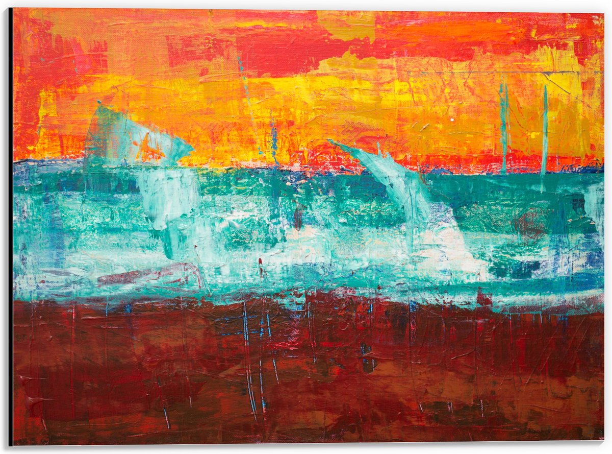 Dibond - Drie Vakken Verf in Oranje, Blauw en Bruin - 40x30 cm Foto op Aluminium (Wanddeco