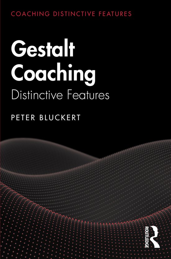 Boekomslag 'Gestalt Coaching Distinctive Features' door Peter Bluckert, met rode tekst op zwarte achtergrond en golvend rood stippenpatroon.