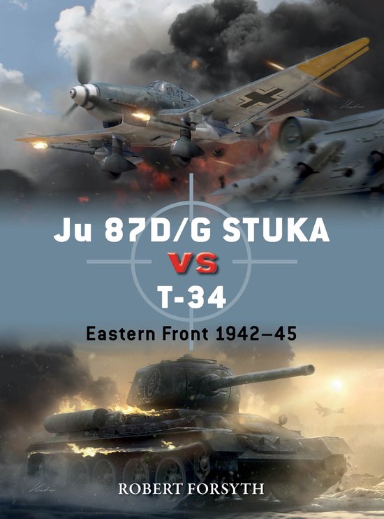 Omslag: Ju 87D/G Stuka vs T-34, Oostfront 1942-45. Een duikbommenwerper en een tank in gevecht.