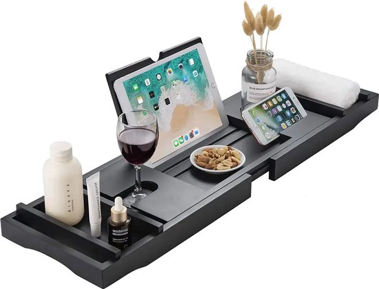 Foto: Q living badplank badrekje voor ligbad uitschuifbaar badplank voor in bad badplank hout bamboe verstelbaar badrek luxe badplank voor ontspanning met tablet en wijnglashouder zwart