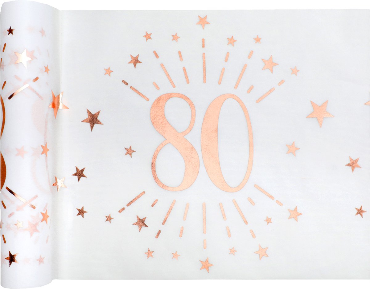 Feest/verjaardag/leeftijd tafelkleed met tafelloper op rol - 80 jaar tekst - wit/rose goud