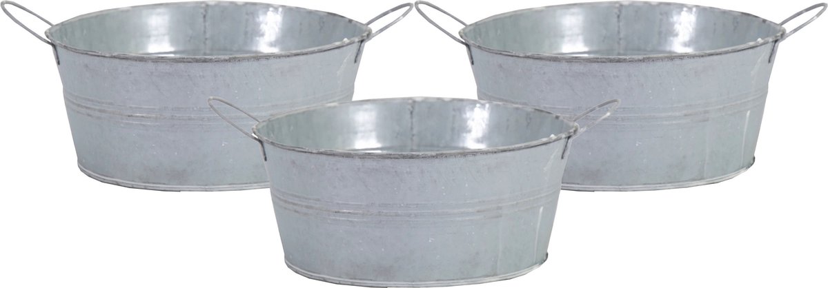Goedkoopste Mega Collections Teil/emmer/plantenpot - 3x - zink - lichtgrijs - rond - D19 x H9 cm