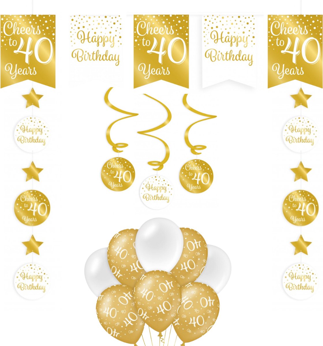 Feestpakket Verjaardag Versiering 40 Jaar - Goud - Wit - 14 Stuks - Versiering - Decoratie - Pakket - Leeftijden - Slinger - Ballonnen - Hangdecoratie - Swirls - Thema Versiering - Golden Age