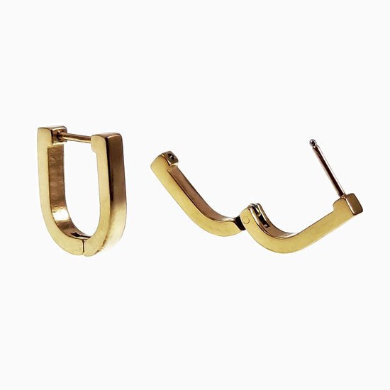 Een open gouden U-vormige oorring en een gesloten gouden oorring.