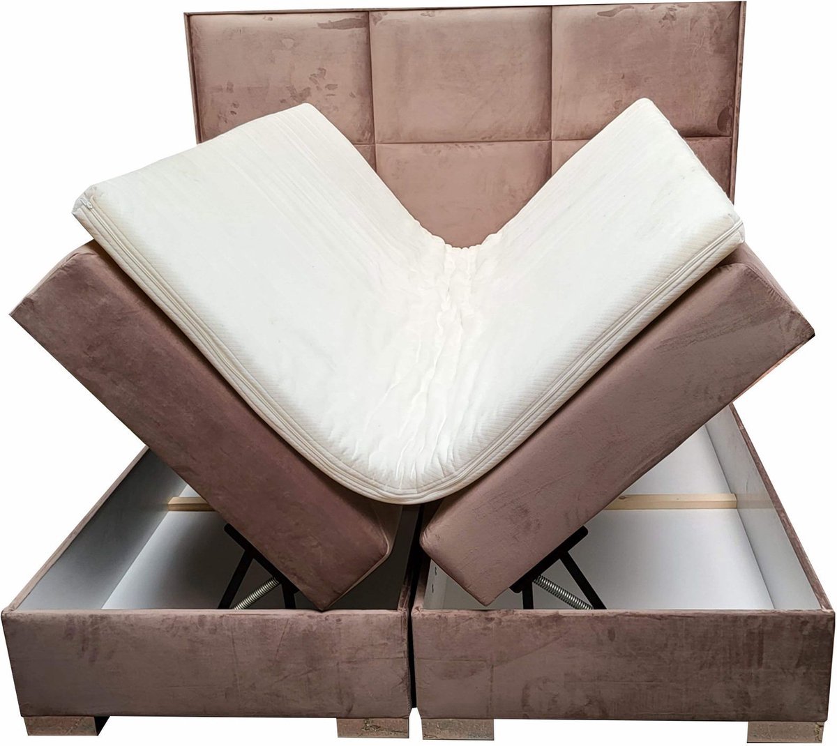 Boxspring Grand 90x200 cm - eenpersoonsbed met opbergruimte - complete boxspring bed met topper en matras 1-persoons - velvet beige seatsandbeds