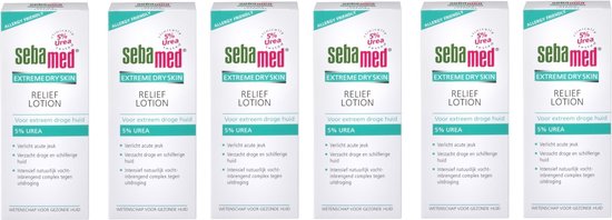 Zes flacons Sebamed Relief Lotion 5% Urea voor extreem droge huid.