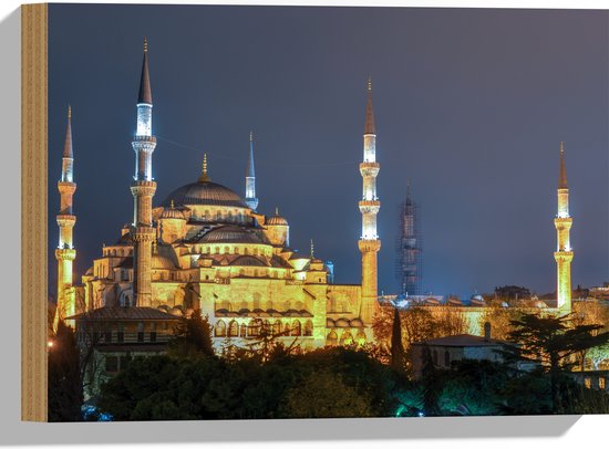 WallClassics - Hout - Sultan AhmetMoskee in de Nacht in Istanbul, Turkije - 40x30 cm - 9 mm dik - Foto op Hout (Met Ophangsysteem)