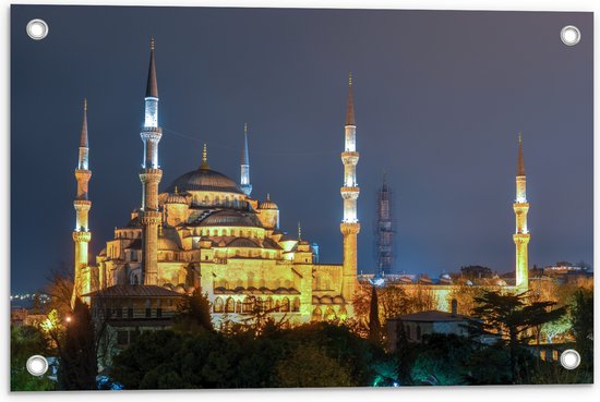 WallClassics - Tuinposter – Sultan AhmetMoskee in de Nacht in Istanbul, Turkije - 60x40 cm Foto op Tuinposter (wanddecoratie voor buiten en binnen)