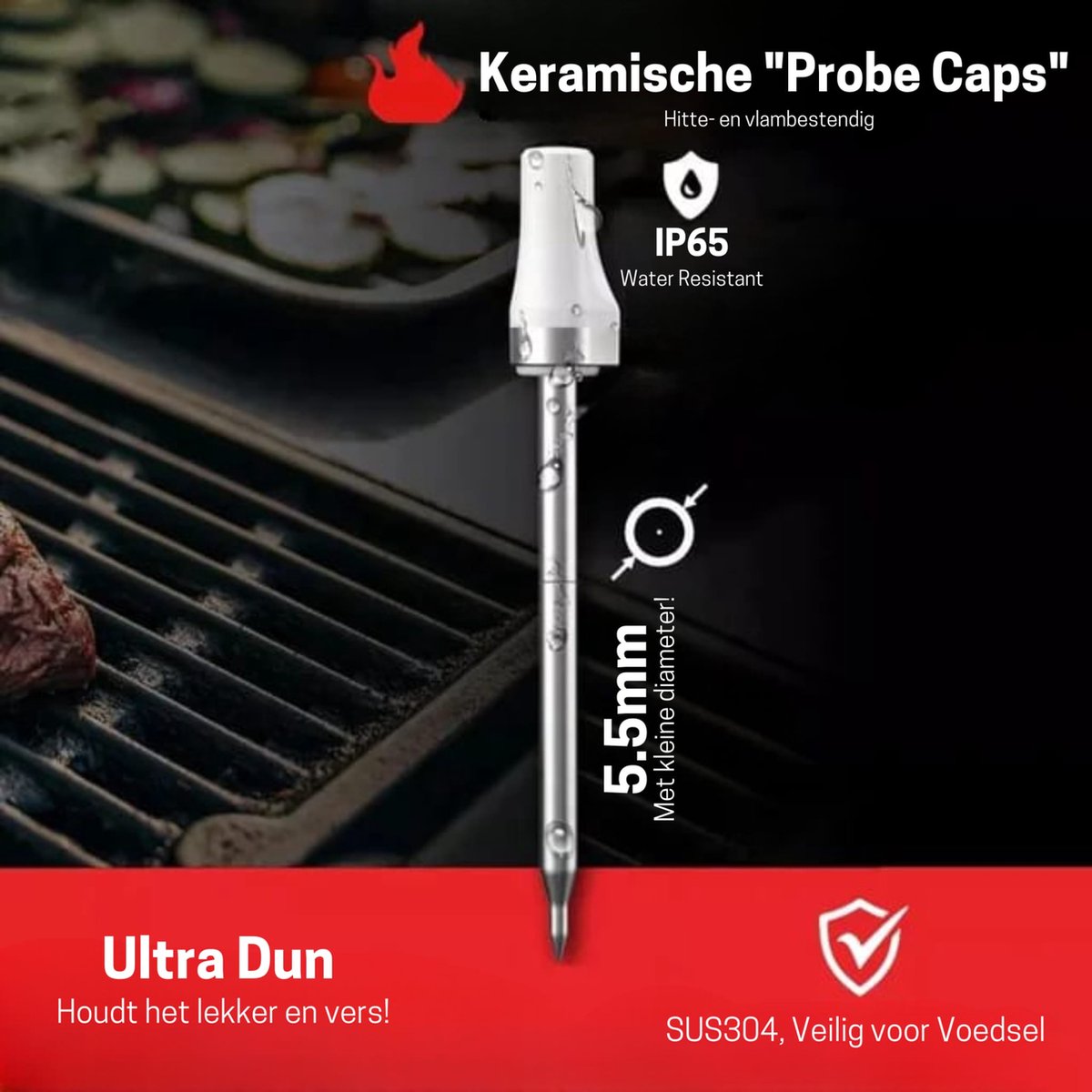 ToGrill draadloze vleesthermometer - Rvs - Keramisch - Bbq thermometer - Digitale thermometer - Oven thermometer - Kern tempratuur meten - App & Bleutooth thermometer - ToGrill