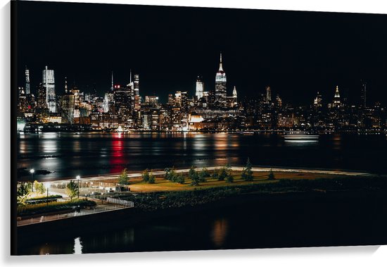 Canvas - Skyline in New York in de Nacht - 120x80 cm Foto op Canvas Schilderij (Wanddecoratie op Canvas)