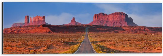 WallClassics - Dibond - Weg met Gele Streep naar Roze Rotsen - 60x20 cm Foto op Aluminium (Met Ophangsysteem)