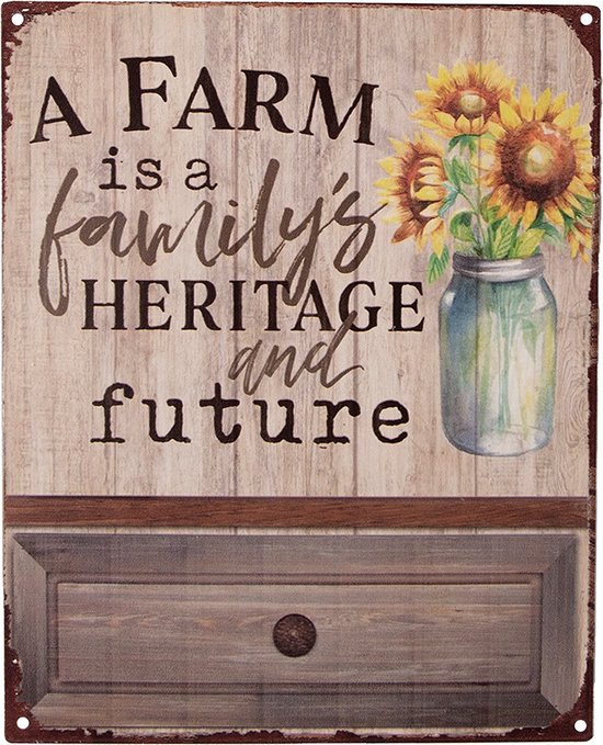 Clayre & Eef Tekstbord 20x25 cm Bruin Ijzer Bloemen A farm is a family's heritage and future Wandbord