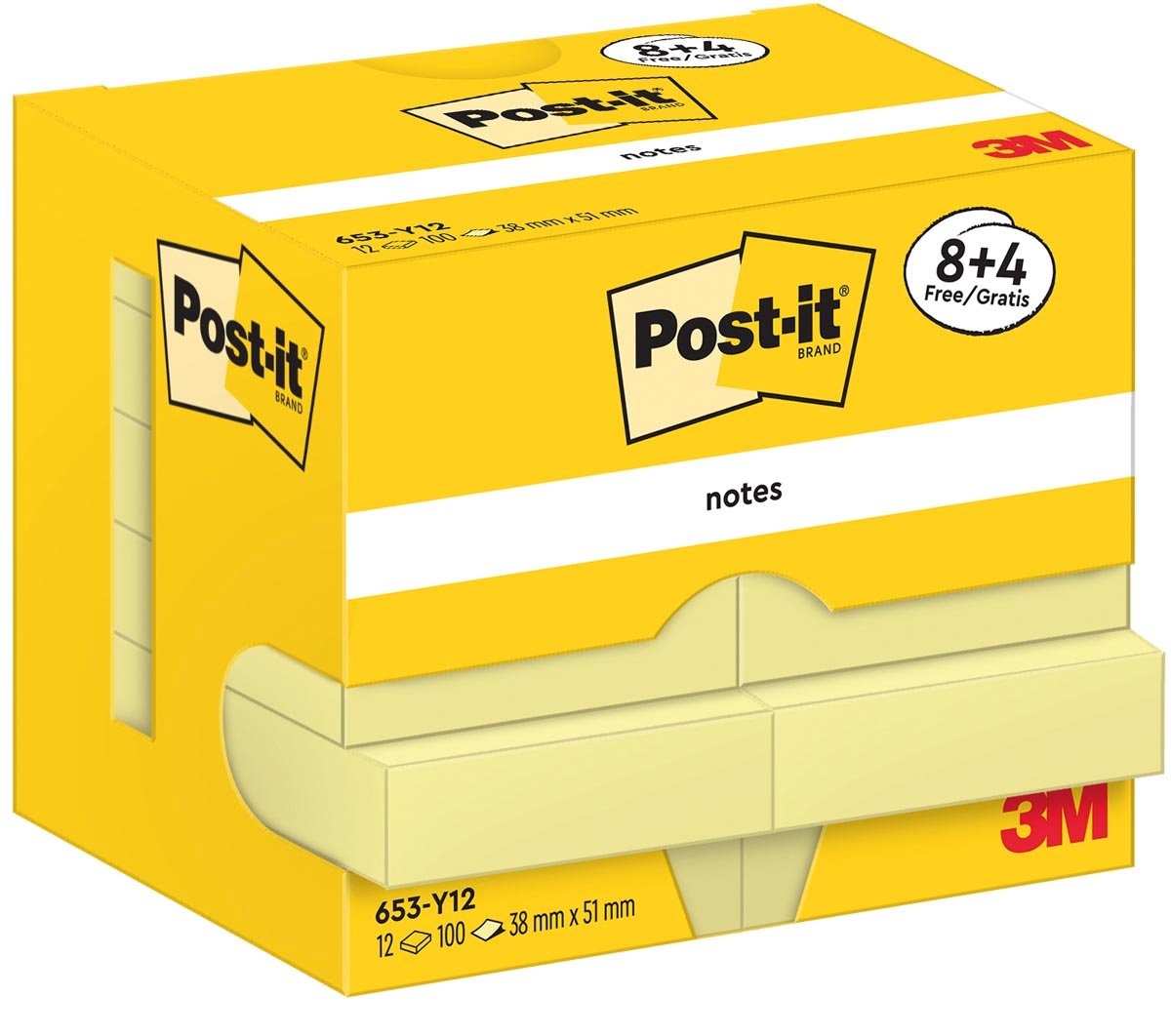 Post-It Notes, 100 vel, ft 38 x 51 mm, geel, 8 + 4