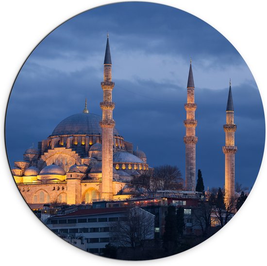WallClassics - Dibond Muurcirkel - Zijaanzicht van Süleymaniye Moskee in de Nacht in Istanbul, Turkije - 70x70 cm Foto op Aluminium Muurcirkel (met ophangsysteem)
