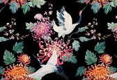 Fotobehang - Vlies Behang - Kraanvogels en Bloemen - Kunst - 208 x 146 cm