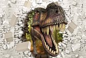 Fotobehang - Vlies Behang - 3D Dinosaurus door de Stenen Muur - Dino - 312 x 219 cm