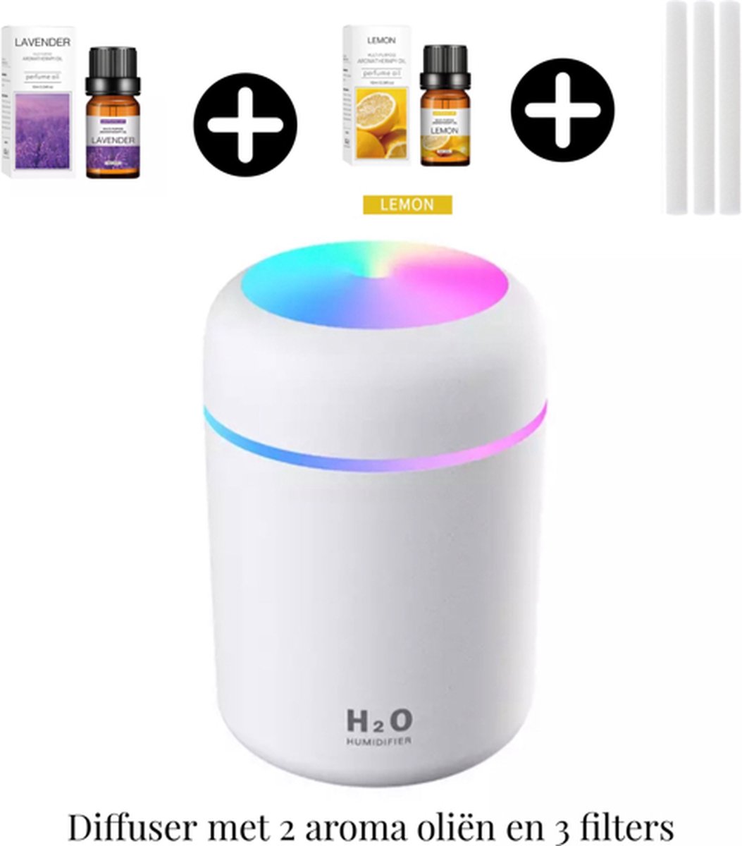 Aroma Diffuser Wit-Luchtbevochtiger 300 ml - Incl. incl. 2 aroma oliën en 3 filters -LED sfeerverlichting- compact- Auto en huis gebruik- casamix