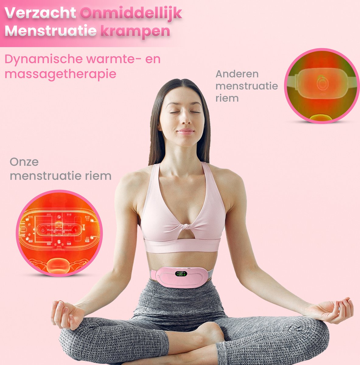 Afbeelding 2 van Luxe Menstruatie Warmteband - Inclusief Gratis E-book - Massagekussen - 3 Warmtestanden - Triltechnologie - Menstruatieband - Roze