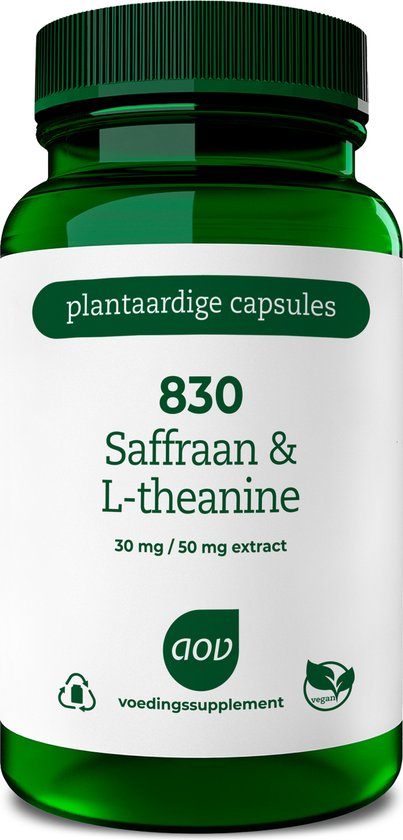Groene fles, plantaardige capsules '830 Saffraan & L-theanine', 30 mg / 50 mg extract, AOV.