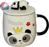 Koffie Thee Mok Met Keramiek Deksel En Lepel-Drinkbeker Bedrukt Met Panda-Wit Dimensionalcartoon Panda