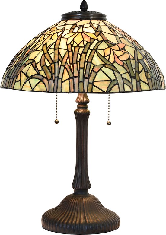 HAES DECO - Tiffany Tafellamp Ø 40x60 cm Beige Groen Glas Tiffany Bureaulamp Tiffany Lampen Glas in Lood