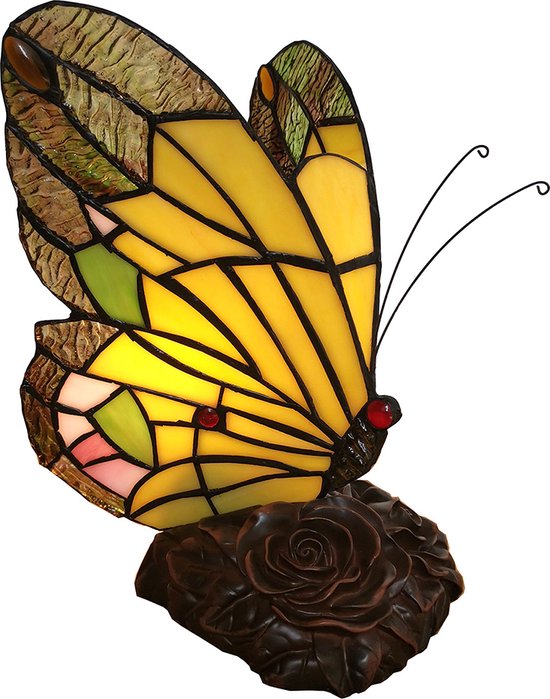 HAES DECO - Tiffany Tafellamp Vlinder 15x15x27 cm Geel Glas Tiffany Lampen Nachtlampje Glas in Lood