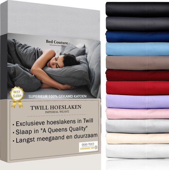 Bed Couture - Twill Hoeslaken van 100% Katoen - Eenpersoons 100x200cm - Hoekhoogte 30cm - Ultra Zacht en Duurzaam - Zilver Grijs