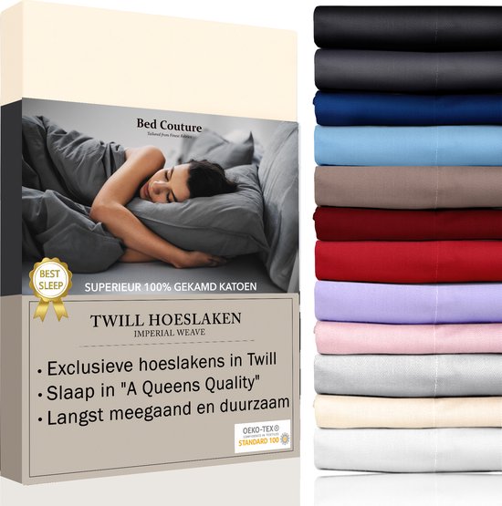 Bed Couture - Hoeslaken Twill 100% Katoen - Lits-Jumeaux extra large 200x200cm - Hauteur d'angle 30cm - Ultra Doux et Durable - Vanille