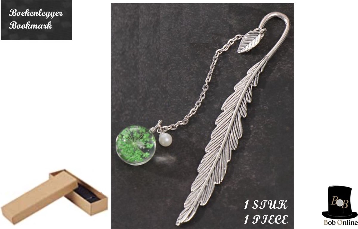 Bob Online ™ - 1 Stuk – Silverkleurig – Groen Bloem & Parel Hanger – Metaal Veer Bladwijzer – Boekenlegger Veer – Metaal Veer Boekenlegger met Bloem Hanger – 1 Piece – Silver Color Metal – Feather Bookmark with Green Flower Pendant & Pearl