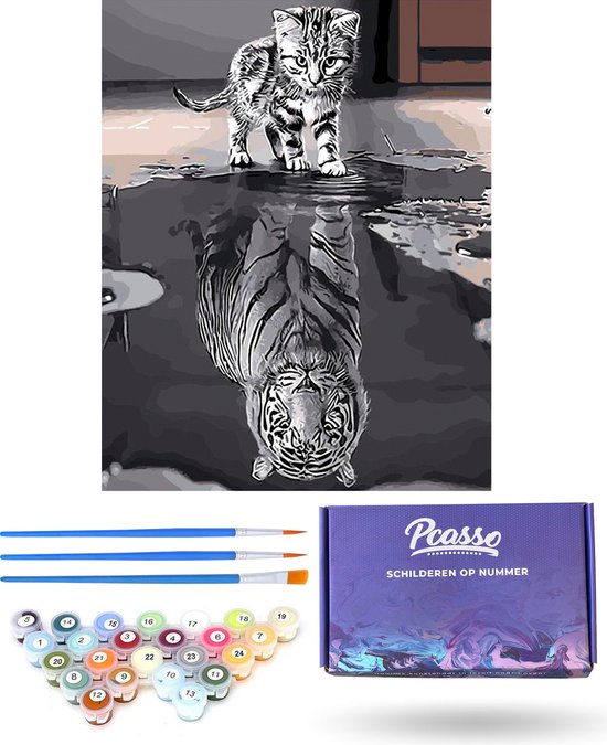 Pcasso ® Kat Tijger - Schilderen Op Nummer – Incl. 3 Penselen En Geschenkverpakking - Schilderen Op Nummer Volwassenen & Kinderen – Schilderen op nummer Kat – Schilderen op nummer Poes - Paint by number - 40x50 cm