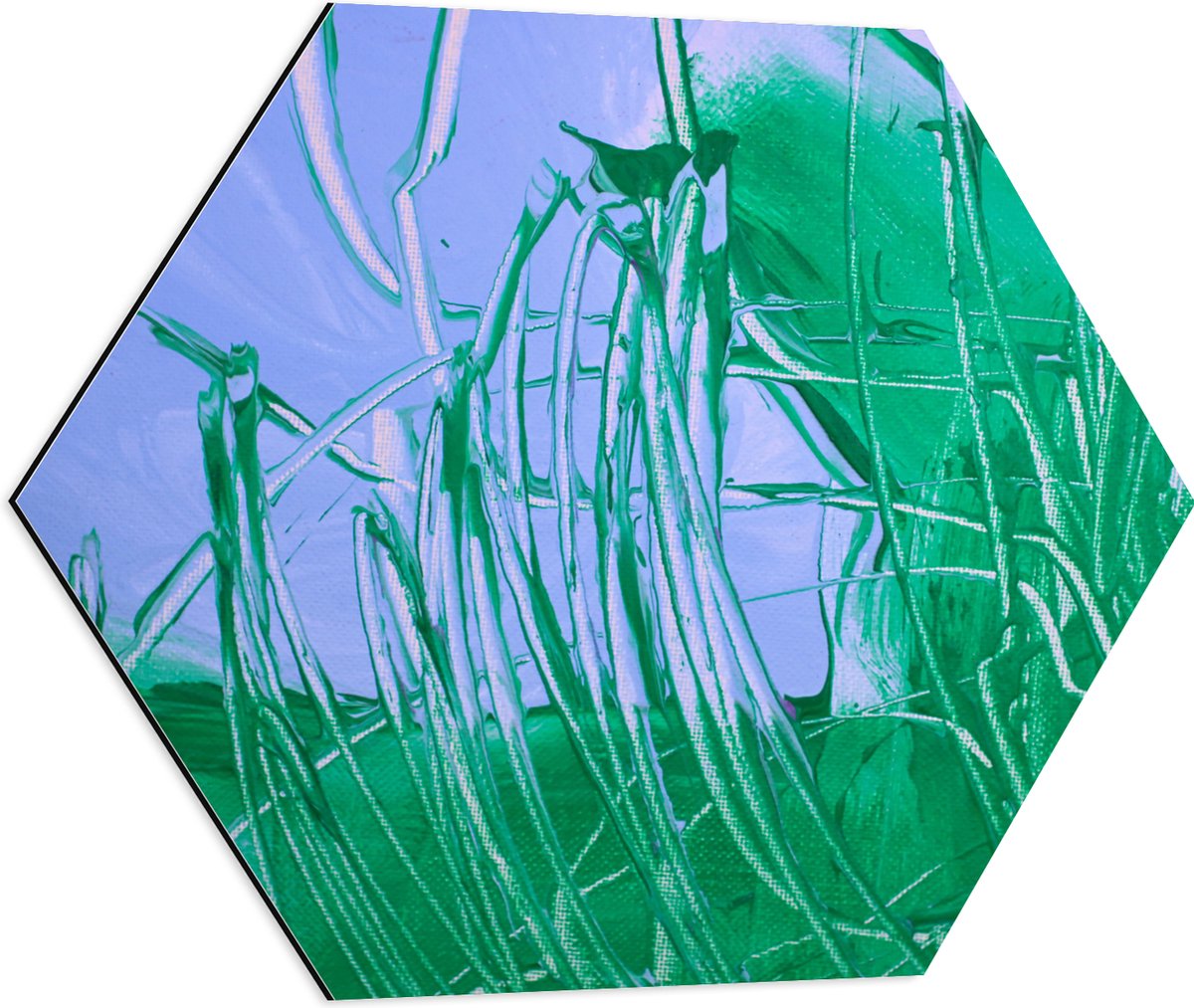 Dibond Hexagon - Groen met Blauwe Verf op Doek - 60x52.2 cm Foto op Hexagon (Met Ophangsysteem)
