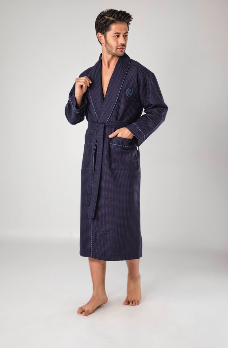 Waffle Heren Badjas / Navy Blauw / maat L/XL