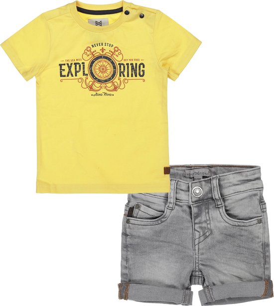 Koko Noko - Kledingset - 2 delig - Jongens - Short Grey Jeans - Shirt Yellow met print - Maat 122