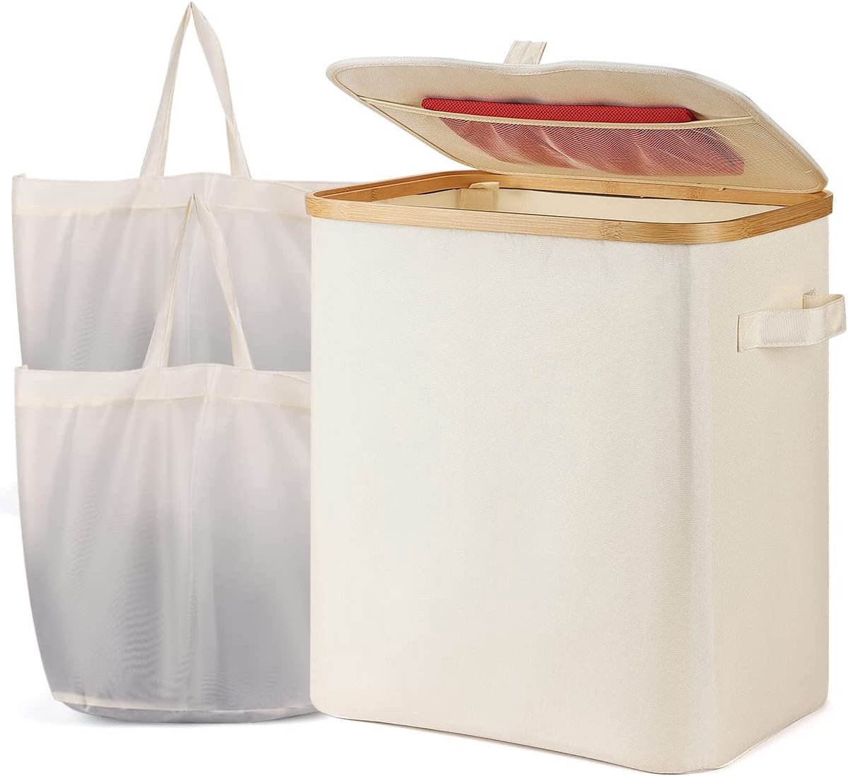 Goedkoopste Wasmand met deksel, 60 liter, wasmand met 2 uitneembare waszakken en upgrade design deksel, optioneel wassorteerder van bamboe en waterdichte Oxford stof (beige