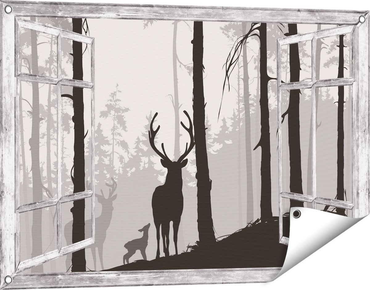Gards Tuinposter Doorkijk Herten in het Bos - Silhouet - 90x60 cm - Tuindoek - Tuindecoratie - Wanddecoratie buiten - Tuinschilderij Grijs