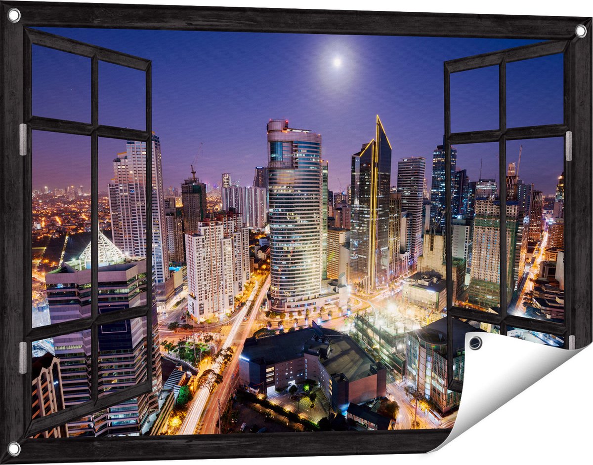 Gards Tuinposter Doorkijk Makati Stad Skyline in de Nacht in Thailand - 90x60 cm - Tuindoek - Tuindecoratie - Wanddecoratie buiten - Tuinschilderij zwart