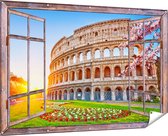 Gards Tuinposter Doorkijk Colosseum bij Zonsopgang in Rome, Italië - 180x120 cm - Tuindoek - Tuindecoratie - Wanddecoratie buiten - Tuinschilderij
