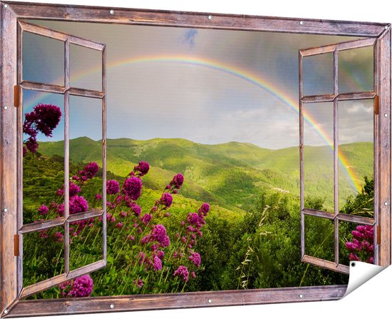 Gars Affiche de jardin Arc-en-ciel transparent dans les Forêts de la colline - 180x120 cm - Toile jardin - Décoration de jardin - Décoration murale extérieur - Tableau jardin