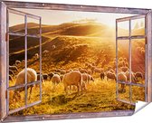 Gards Tuinposter Doorkijk Schapen in de Heuvels bij Zonsondergang - 180x120 cm - Tuindoek - Tuindecoratie - Wanddecoratie buiten - Tuinschilderij