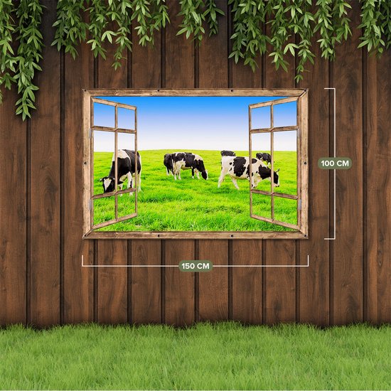 Gards Tuinposter Doorkijk Kudde Koeien in de Wei - Hemel Blauwe Lucht - 150x100 cm - Tuindoek - Tuindecoratie - Wanddecoratie buiten - Tuinschilderij