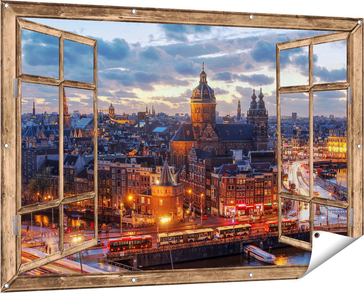 Gards Tuinposter Doorkijk Amsterdam Centrum Luchtfoto Zonsondergang - 150x100 cm - Tuindoek - Tuindecoratie - Wanddecoratie buiten - Tuinschilderij licht bruin