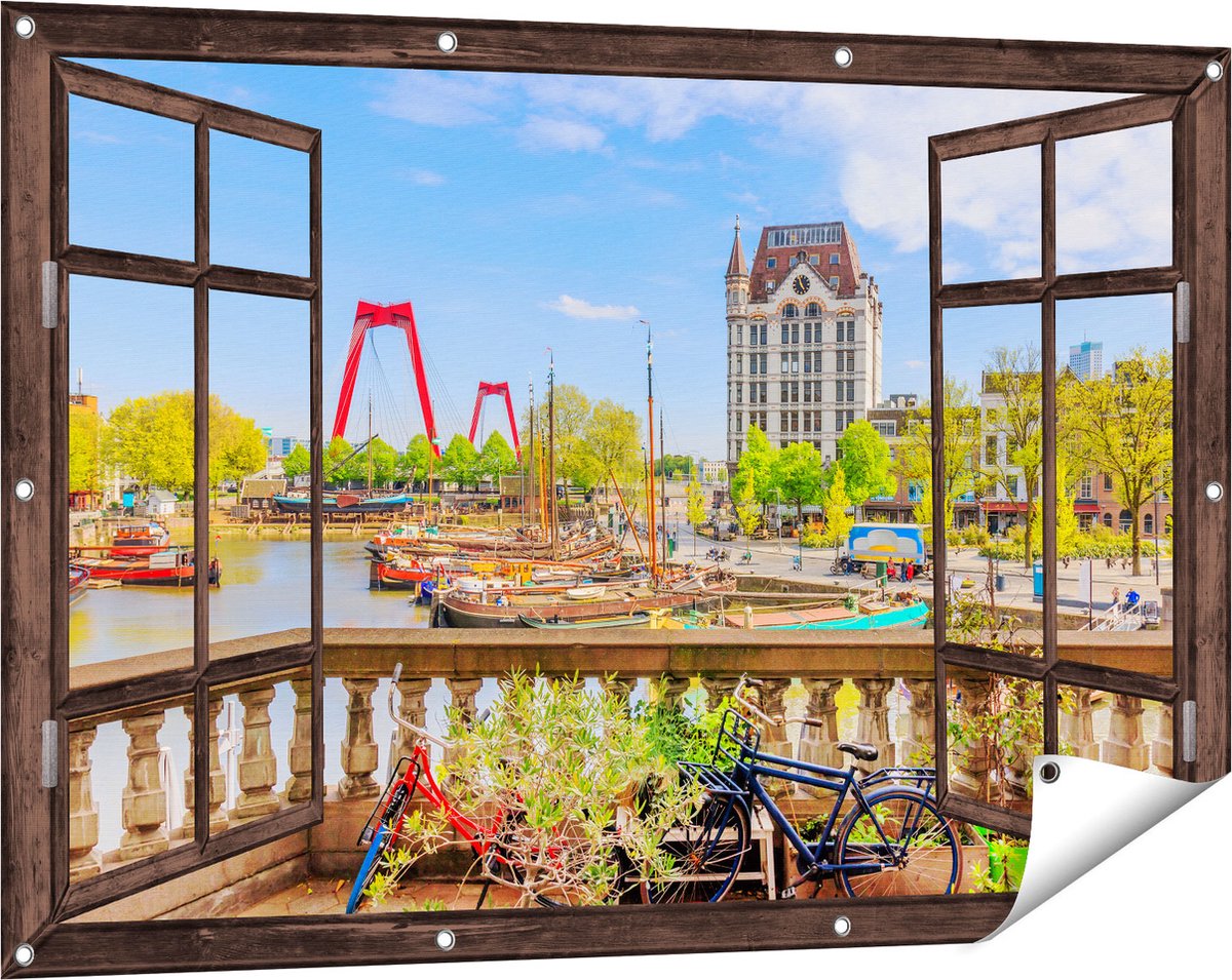 Gards Tuinposter Doorkijk Kleurrijke Oude Haven in Rotterdam - 120x80 cm - Tuindoek - Tuindecoratie - Wanddecoratie buiten - Tuinschilderij donker bruin